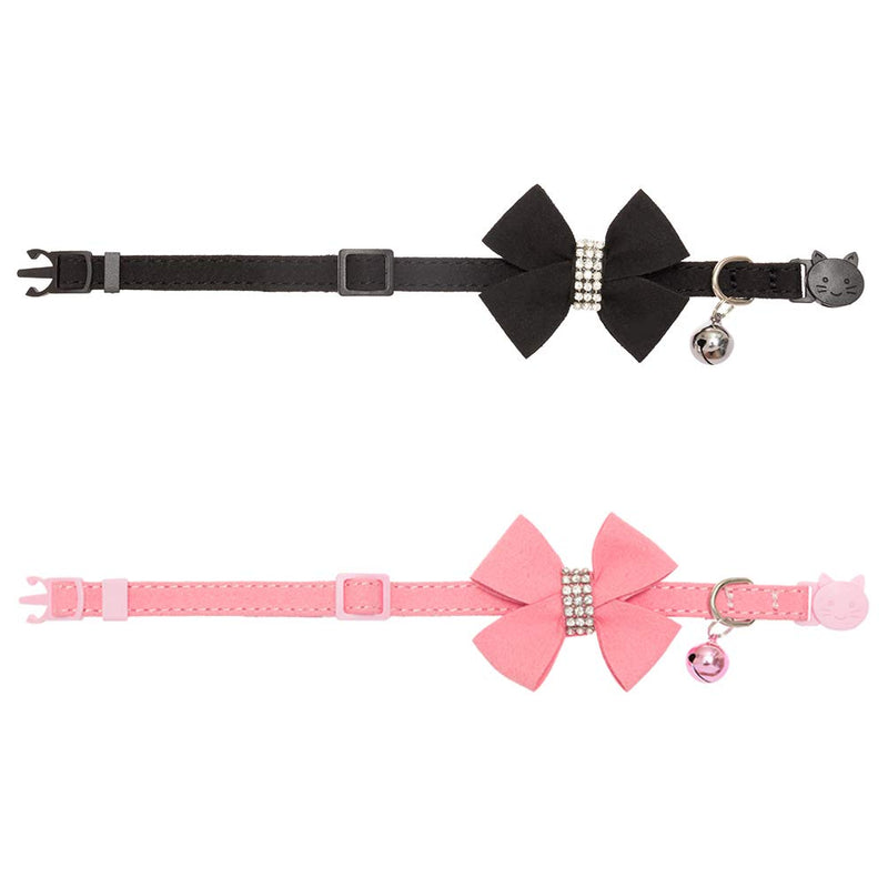 [Australia] - BINGPET Cat Collar Breakaway with Bell Bowtie, Adjustable Safety Buckle,Velvet Rhinestone Diamond, 2 Pack, Pink&Black 