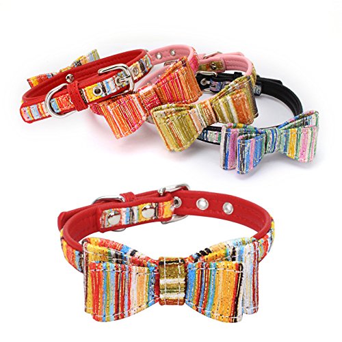 [Australia] - Mcdobexy Dog Collar with Bowtie,Soft and Comfortable,Cute Grip/Stripe Plaid Adjustable Cat Collar L (Neck15"-18.5") Brown Gold stripes 
