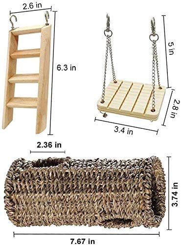 Wonninek Hamster Hanging Toy, 3 pcs Hanging Cage Toy Set with Wooden Climbing Ladder, Hammock Swing and Nest Tunnel, Small Animal Chew Toys for Guinea Pigs Chinchilla Hamster - PawsPlanet Australia