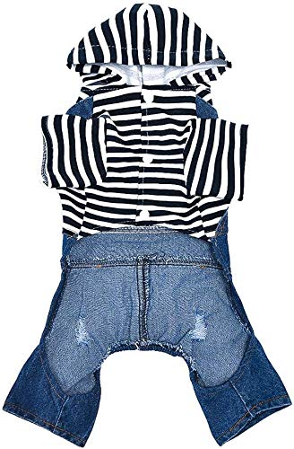Companet Pet Clothes Pet Denim Dog Jeans Jumpsuit Overall Strip Hoodie Coat Small Medium Dogs Cats Classic Jacket Puppy Blue Vintage Washed X-Small - PawsPlanet Australia