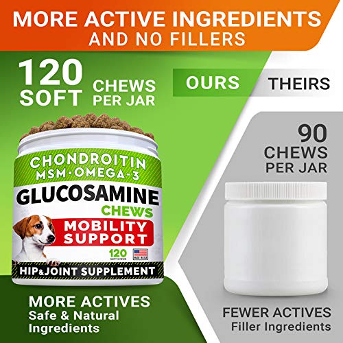 Advanced Glucosamine Joint Supplement for Dogs - Hip & Joint Pain Relief - Small + Large Breeds -Omega-3 Fish Oil - Chondroitin, MSM- Mobility Soft Chews for Older Dogs - Vegetable Flavor - 120Ct - PawsPlanet Australia