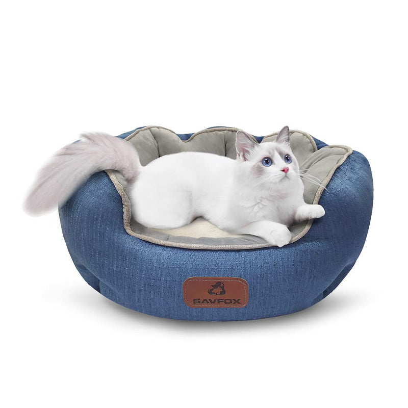 SAVFOX Cats Bed Small Dog Bed, Improve Sleep Washable Comfort Round Pet Bed for Indoor Kitty Puppy Clearance, Cozy Removable Cushion Soft Plush Calming Anti-Slip Bottom Pet Furniture (20'',Grey/Blue) Dark Blue - PawsPlanet Australia