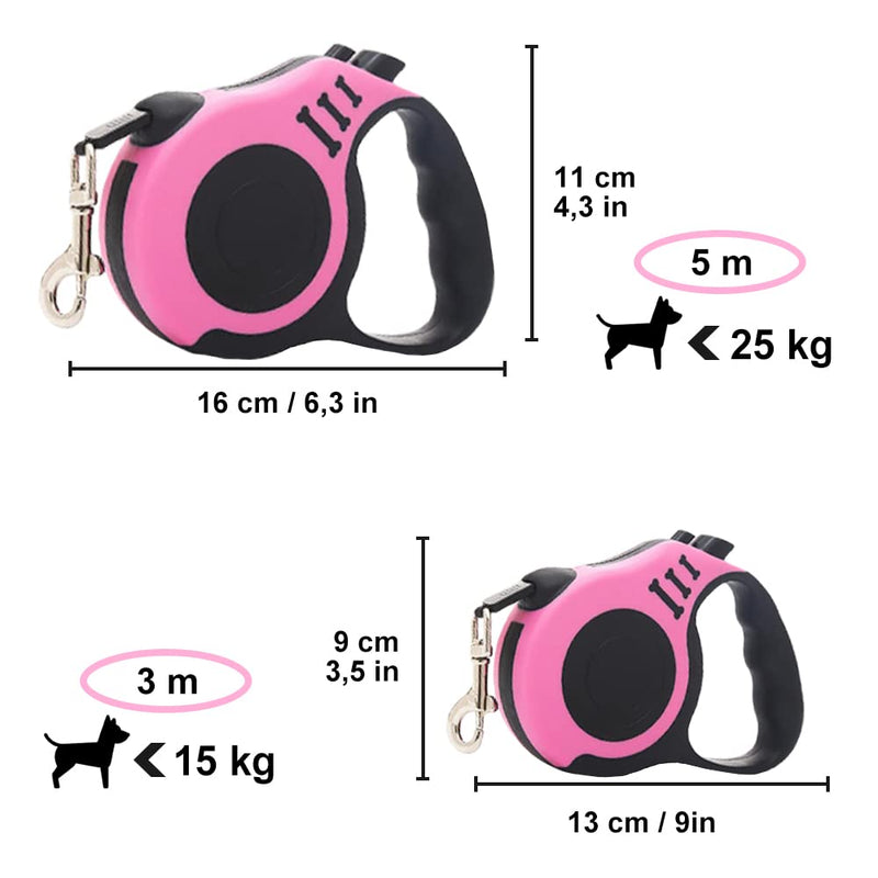 Dog Lead, 5 m Retractable Dog Lead for Small, Medium and Large Dogs, Pink - PawsPlanet Australia