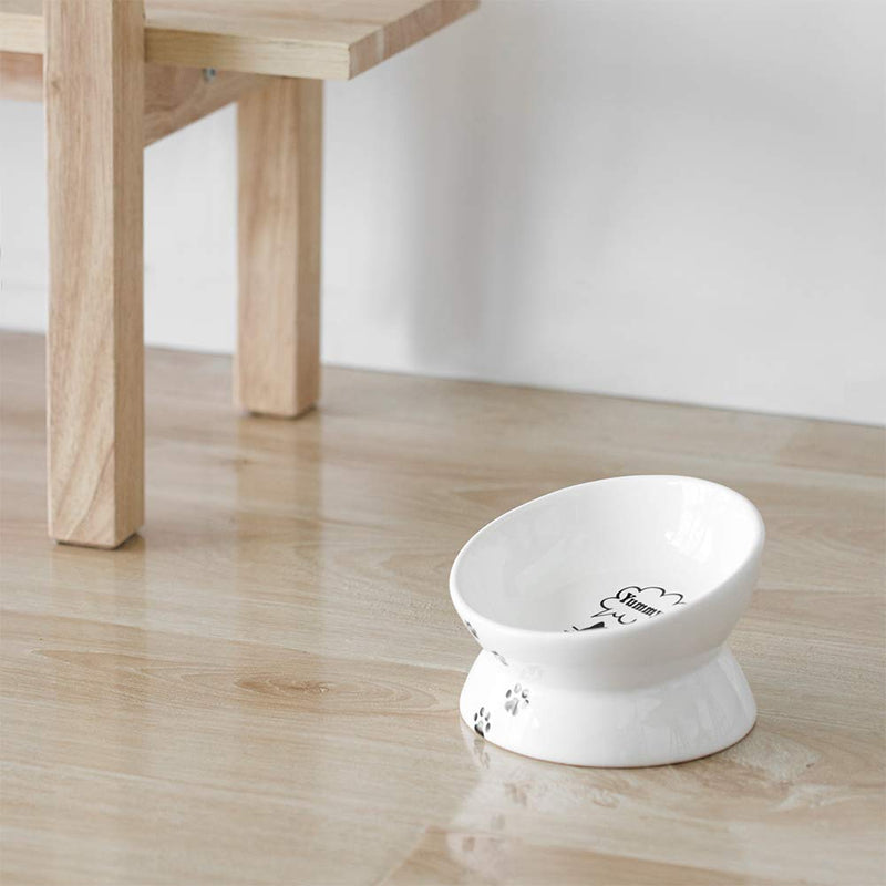 [Australia] - Y YHY Cat Bowl,Raised Cat Food Bowls Anti Vomiting,Tilted Elevated Cat Bowl,Ceramic Pet Food Bowl for Flat-Faced Cats,Small Dogs,Protect Pet's Spine,Dishwasher Safe White 