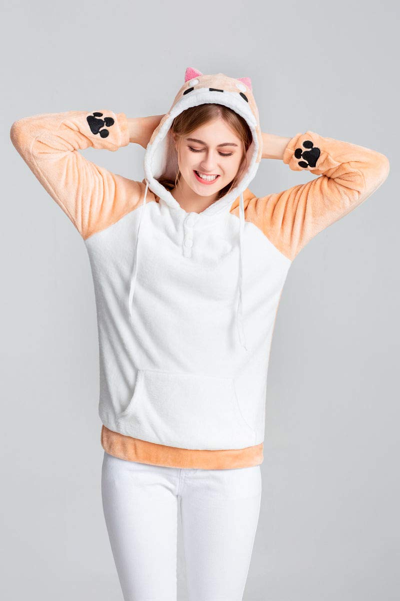 CORIRESHA Cute Coral Velvet Long Sleeve Shiba Inu Dog Home Wear Clothes Hoodie Sweatshirt with 3D Dog Ear and Dog Tail White XX-Small - PawsPlanet Australia
