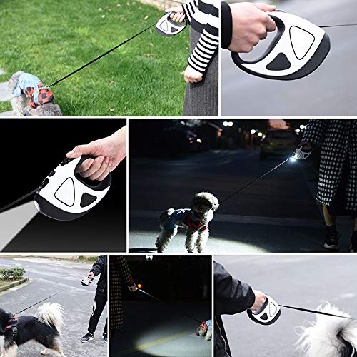 Dog lead retractable flexi lead with flashlight extendable dog lead 360°Tangle-Free,3M 7ft Strong Nylon Tape Ribbon for small/large dog (S, WHITE) S - PawsPlanet Australia