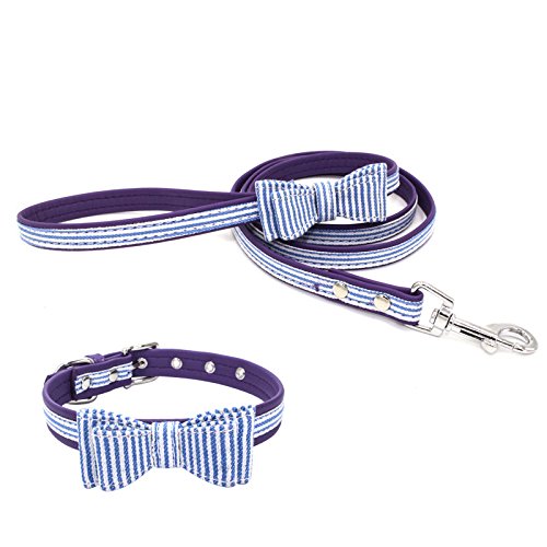 Mcdobexy Dog Collar with Bowtie,Soft and Comfortable,Cute Grip/Stripe Plaid Adjustable Cat Collar Lead 120cm*1.5cm Blue Stripes - PawsPlanet Australia