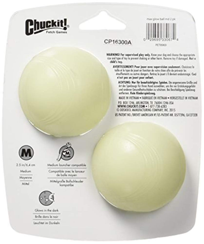Chuckit! Max Glow Dog Ball High Visibility Glow In The Dark Bouncy Rubber Fetch Toy - Medium (6.5 cm) - 2 Pack & Max Glow Dog Ball High Visibility Glow In Dark Bouncy Rubber Fetch Toy - Large(7.3cm) Medium, 2 pack + Dog Ball, Large - PawsPlanet Australia