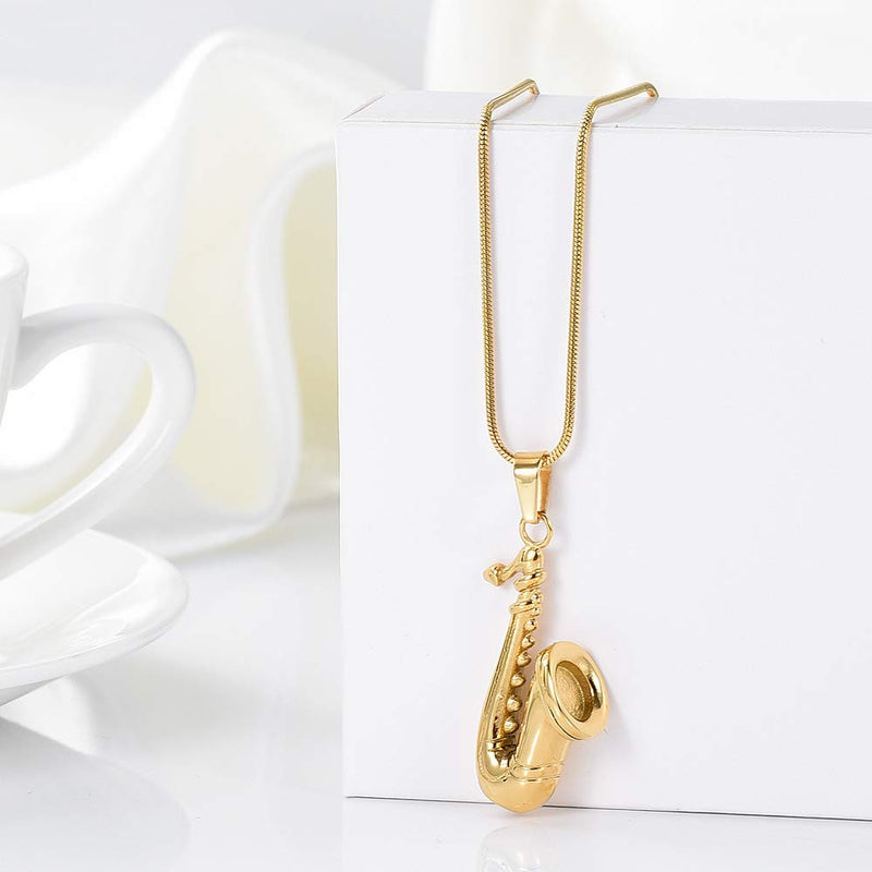 [Australia] - Saxophone Cremation Jewelry Urn Necklace for ashes Stainless Steel Musical Instruments Keepsake Memorial Jewelry Gold 