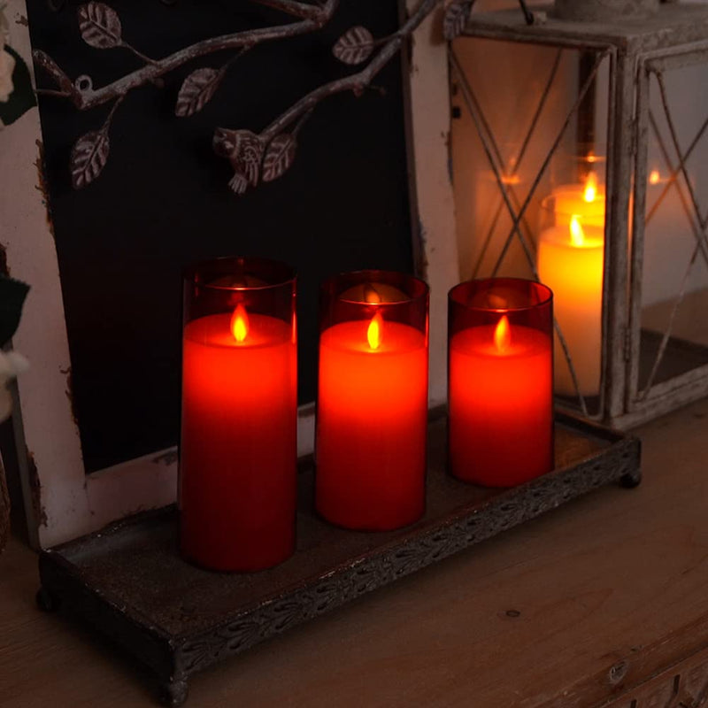 Homemory Red Flickering Flameless Candles, Battery Operated Acrylic LED Pillar Candles with Remote Control and Timer, Set of 3 - PawsPlanet Australia