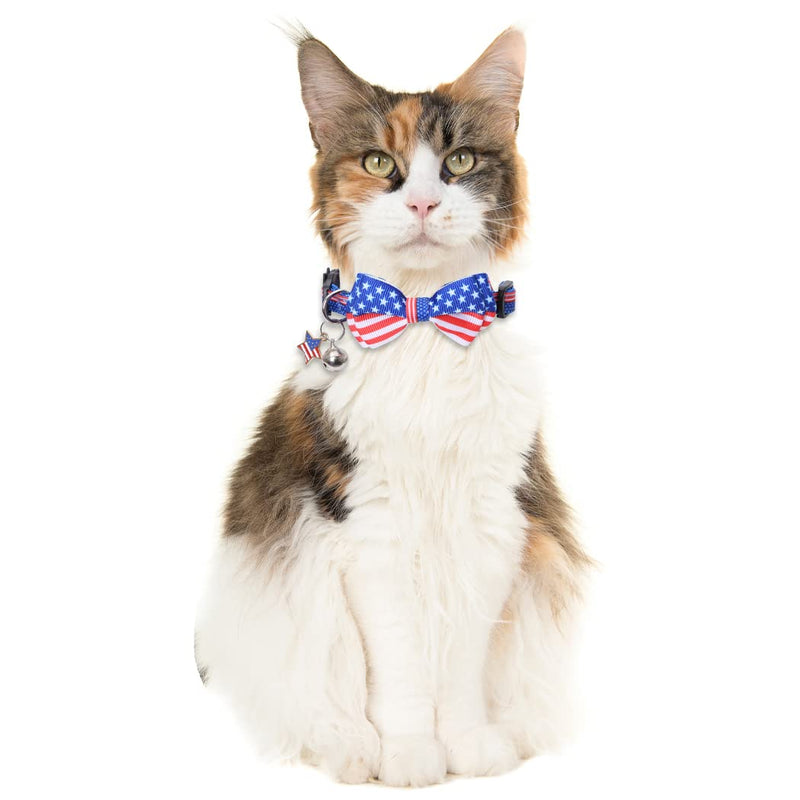 Lamphyface American Flag Cat Collar with Bell Bow Tie Star Breakaway Adjustable for 4th of July Independence Day 2PCS-1 - PawsPlanet Australia