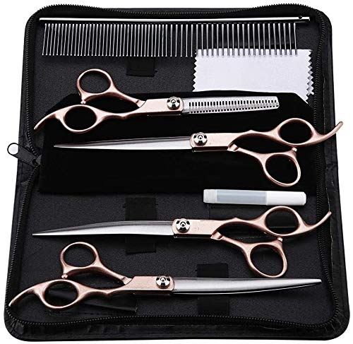 4PCS Pet Grooming Scissors Set, 7in Professional Pet Grooming Hairdressing Shear Scissors Gold Handle Stainless Steel Scissors Grooming Comb Kit for Dog & Cat Hair Trimming & Thinning - PawsPlanet Australia