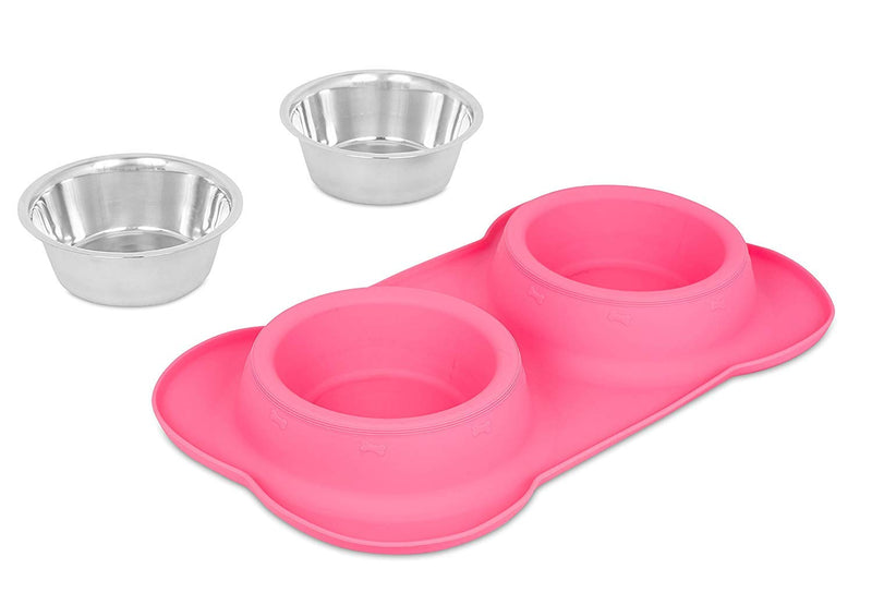 [Australia] - Internet's Best Bone Dog Bowl Set - Double Stainless Steel Pet Food Water Bowls - No Spill Silicone Stand Large Pink 