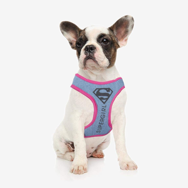 D C Comics SuperGirl Dog Harness, Lightweight Adjustable Breathable Padded Mesh Pet Vest, Outdoor Obedience, Dog Walking and Puppy Training Harness, Strong Buckle, Size XXS/XS Blue Denim - PawsPlanet Australia