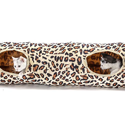 LeerKing Cat Play Tunnel Long Collapsible Pet Kitten Tunnel with Holes Leopard Print for Cats, Teddy Dog, Small Animal, 47×9.8 Inches S (9.8" × 47") - PawsPlanet Australia