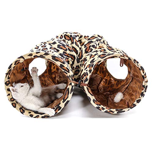 LeerKing Cat Play Tunnel Long Collapsible Pet Kitten Tunnel with Holes Leopard Print for Cats, Teddy Dog, Small Animal, 47×9.8 Inches S (9.8" × 47") - PawsPlanet Australia