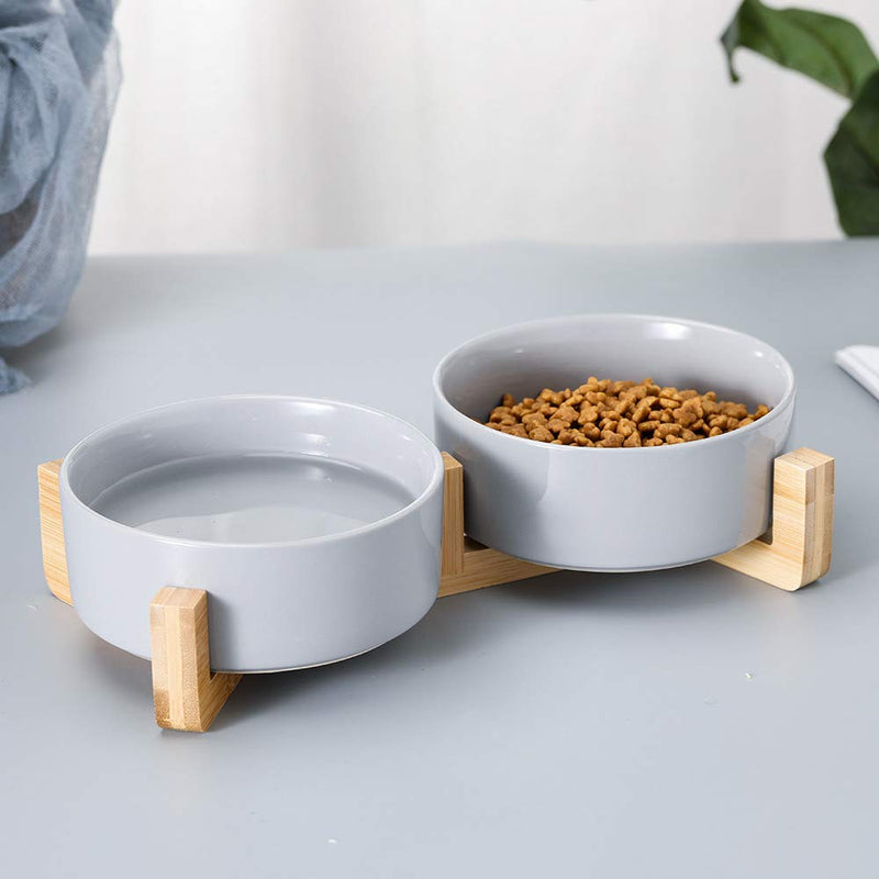 HCHLQLZ Grey Ceramic Cat Dog Bowl Dish with Wood Stand No Spill Pet Food Water Feeder Cats Medium Dogs Set of 2 5 inch Grey×2 - PawsPlanet Australia