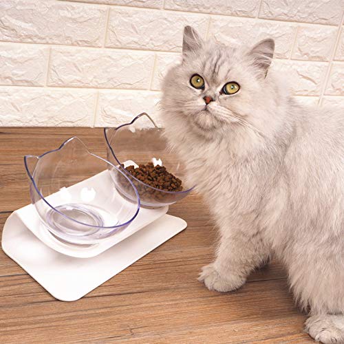 Aqueous Cat Elevated Double Transparent Plastic Bowl,Pet Feeding Bowl | Raised The Bottom for Cats and Small Dogs ，Cute Cat Face Double Bowl white - PawsPlanet Australia