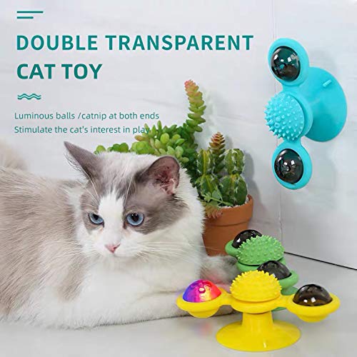 FURUISEN Windmill Cat Toys, Turntable Interactive Cat Toy with Suction Cup Brush for Cat Tooth Cleaning Scratching,Wall Mount Cat Spinner with Rotatable Toy ball Turquoise Blue - PawsPlanet Australia