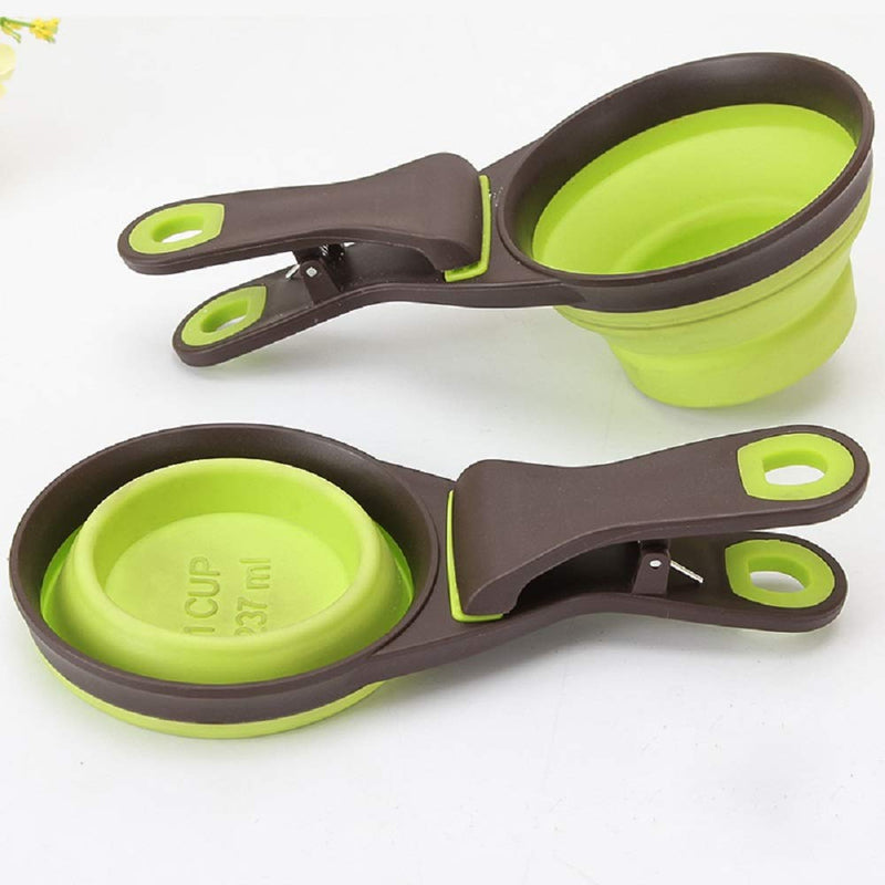 [Australia] - CatYou Pet Food Scoops Measuring Cup for Dog Cat Food Water, Set of 2 (1 Cup & 1/2 Cup Capacity), 3 in 1 Multi-Function Pet Collapsible Silicon Scoop Bowls Bag Clip 