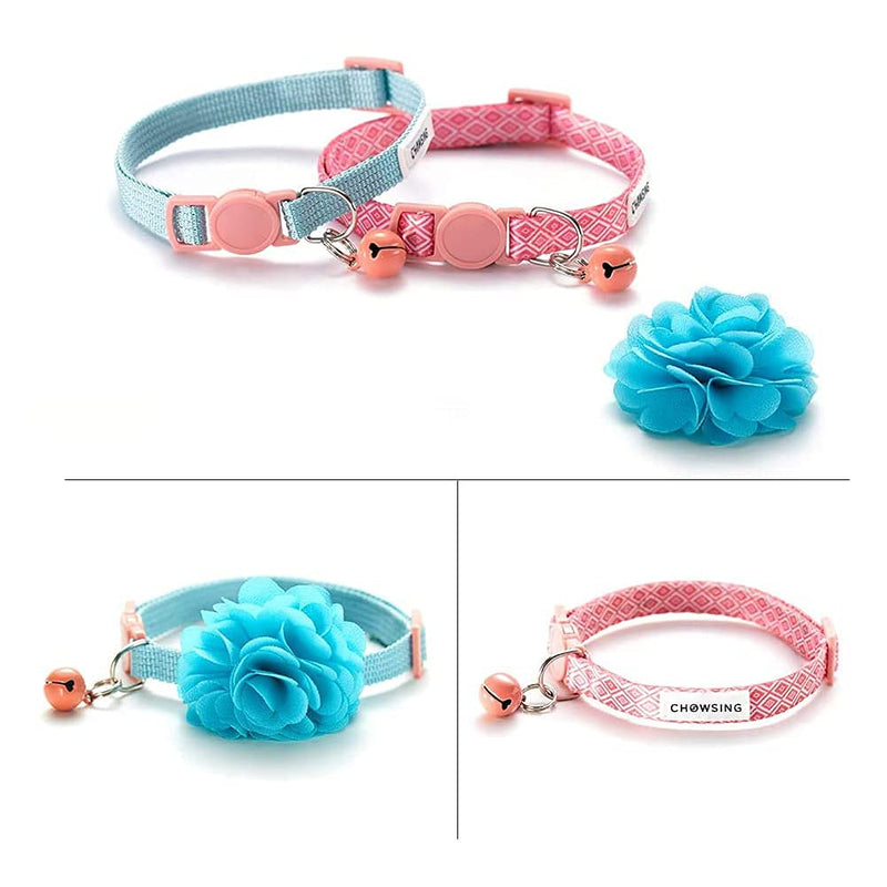 Nourse Chowsing 2Pcs Kitten Collars with Flower Breakaway Cat Collars with Bell Adjustable Strap Kitten Collars for Girls Safety Buckle Cat Collars Blue - PawsPlanet Australia