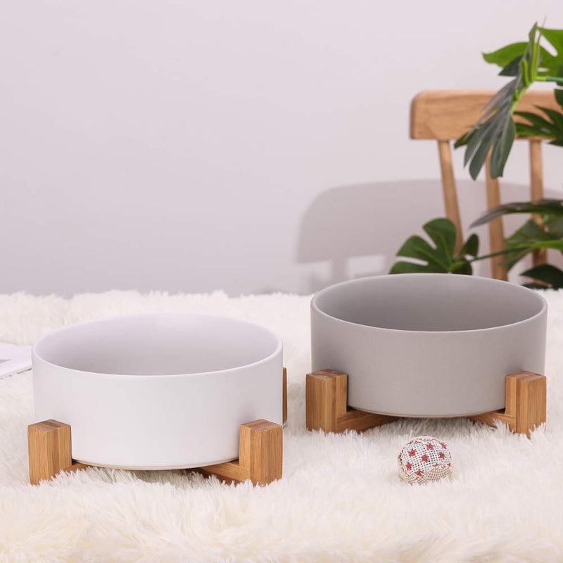 White Ceramic Dog Bowls with Wood Stand, Dog Water Bowls and Food Dish, Heavy Weighted or No Tip Over Dog Comfort Food Bowls, Stoneware Pet Bowl,Extra High Capacity 8.4" Diameter, for Large Dogs White - PawsPlanet Australia