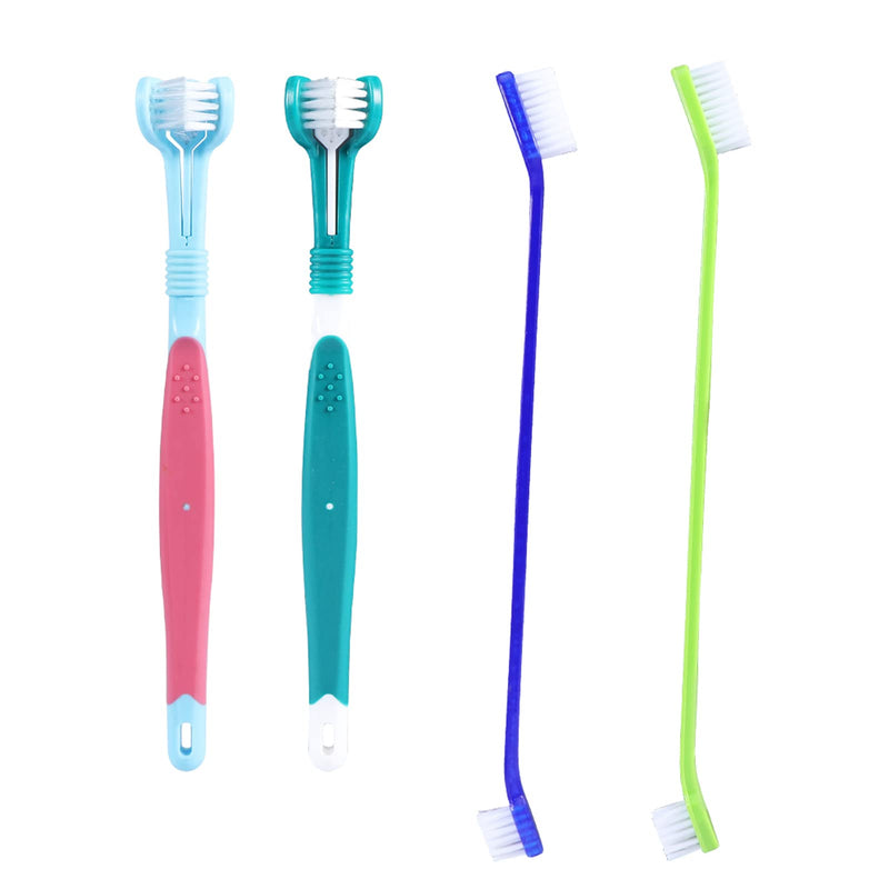 Dog Toothbrush, Pack of 4 Pet Toothbrushes, 2 Triple Head Dog Toothbrushes and 2 Long Handle Dog Toothbrush, Pet Toothbrush for Dogs and Cats (Multi-Coloured) - PawsPlanet Australia