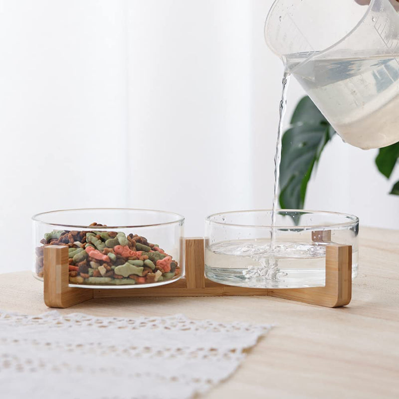 Glass Dog Bowl Set - Cat Dog Bowls with Non Slip Wood Stand - No Spill Double Pet Dish for Food Water Feeding (2 Cup- Suitable for cat and small dog) Glass×2 - PawsPlanet Australia