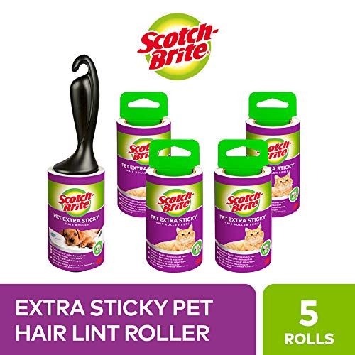 Scotch-Brite Pet Extra Sticky* Pet Hair Roller, 48 Sheets + 4 Scotch-Brite Pet Extra Sticky* Pet Hair Replacement Rolls, 48 Sheets, 5 Rolls - 240 Sheets per Pack Extra Strong Combo Pack - PawsPlanet Australia