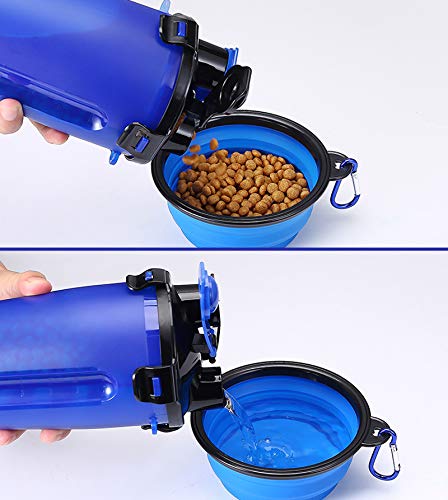 Pet 2 in 1 Dual Chamber Bottle Portable Pet Travel Water Bottle with 2 Foldable Bowls Dogs Outdoor Bowls Water Bottle and Food Container Feeder Bowl for Dog Cat Blue - PawsPlanet Australia