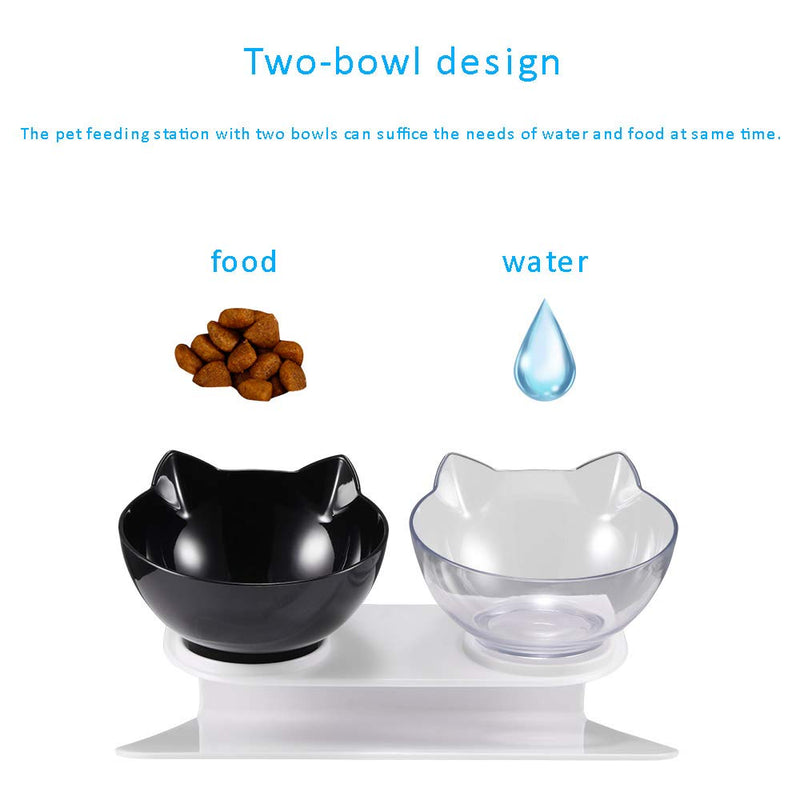 AEUWIER Cat Bowls, 15° Tilted Platform Double Bowl Cat Feeder, Cat Feeding Bowl Raised with Stand, Anti-Skid & Anti-Spill for Cats Dogs Feeders Pet Products Food and Water Bowl Black and White - PawsPlanet Australia