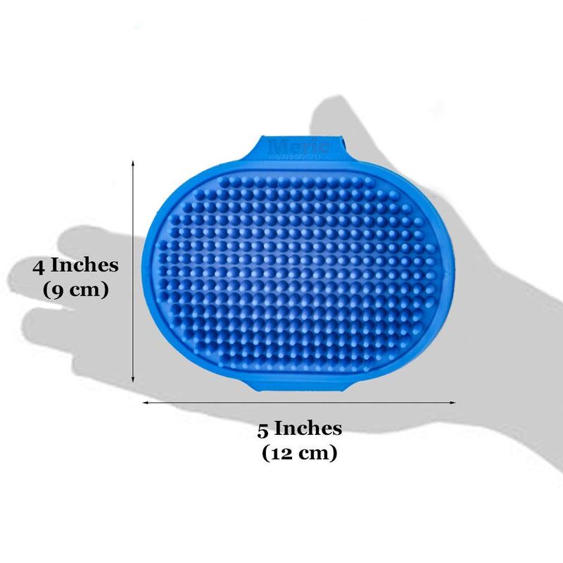 [Australia] - Meric Pet Shampoo Brush, 4.7" x 3.5" Blue Grooming Glove, Rubber Massaging Bristles, Adjustable Hand Straps, for Dogs, Cats, Rabbits & Other Small Pets, 1pc 