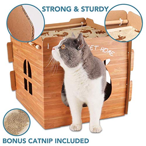 Fuzzy Pixie Corrugated Cardboard Cat House & Scratcher for Indoor Cats with Hammock, Pet Cubes Condos Bed Cave with Scratching Pad & Catnip, Hideaway Kitten Supplies, Birthday Gifts for Small Cats - PawsPlanet Australia