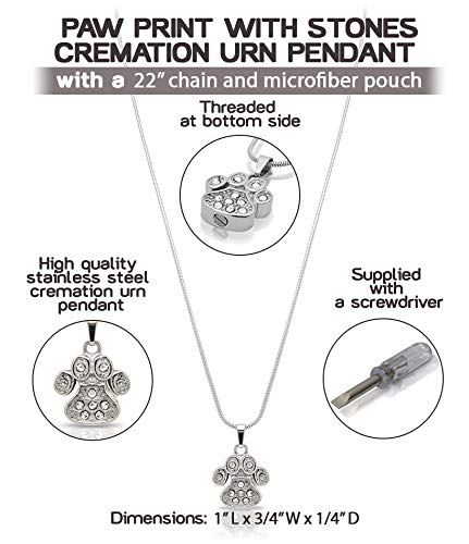 [Australia] - Royal Matter Paw Print with Clear Stones Stainless Steel Cremation Urn Pendant with Chain 