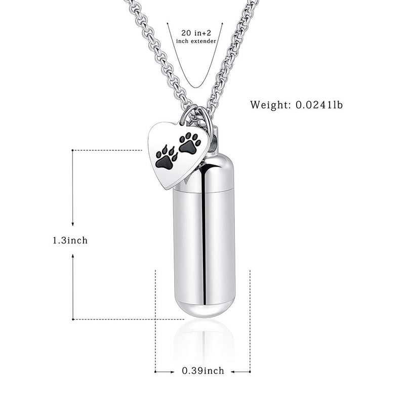 [Australia] - Hearbeingt Cremation Jewelry Necklaces for Ashes for Pet Dog and Cat, Cylinder Memorial Pendant Made of 316L Stainless Steel with Heart Pet Paw Print. Silvery 