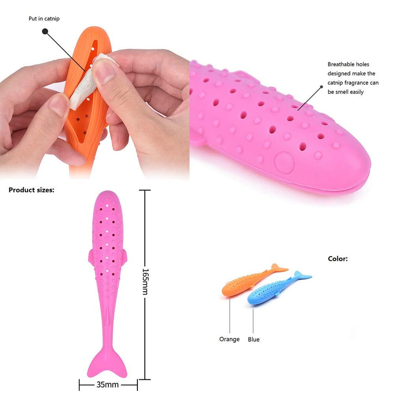 [Australia] - New Version 2 Pieces Cat Catnip Chew Toy Fish Shape Pet Interactive Toy Durable Enviromental Silicone Cleaning Tooth Brush for Cat Kitten 