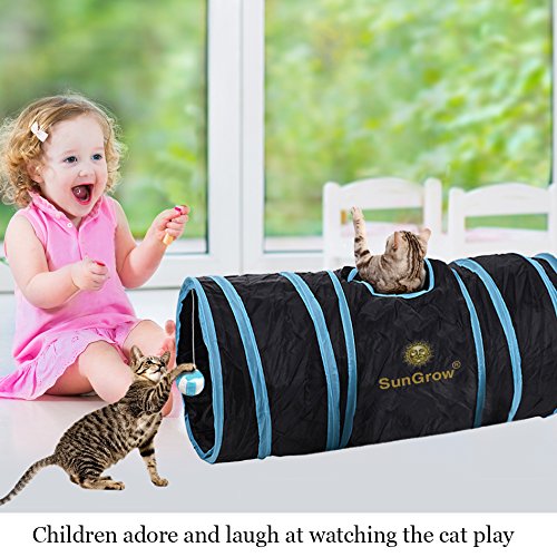 [Australia] - SunGrow Collapsible Cat Tunnel, 36 Inches Long with 3 Openings, Interactive Play Toy with Peep Hole and Crinkle Ball, Ideal for Multi-Cat and Independent Play 