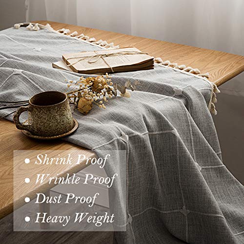 BUBIQUER Stitching Tassel Tablecloth, Cotton Linen Fabric Wrinkle Free Anti-Fading Dust-Proof Washable Tabletop Decoration for Kitchen Party (Checked, 55 x 55 inch Round) Grey 55 in Round - PawsPlanet Australia