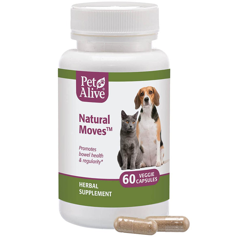 PetAlive Natural Moves - All Natural Herbal Supplement Promotes Bowel Health and Regularity in Cats and Dogs - 60 Veggie Caps - PawsPlanet Australia