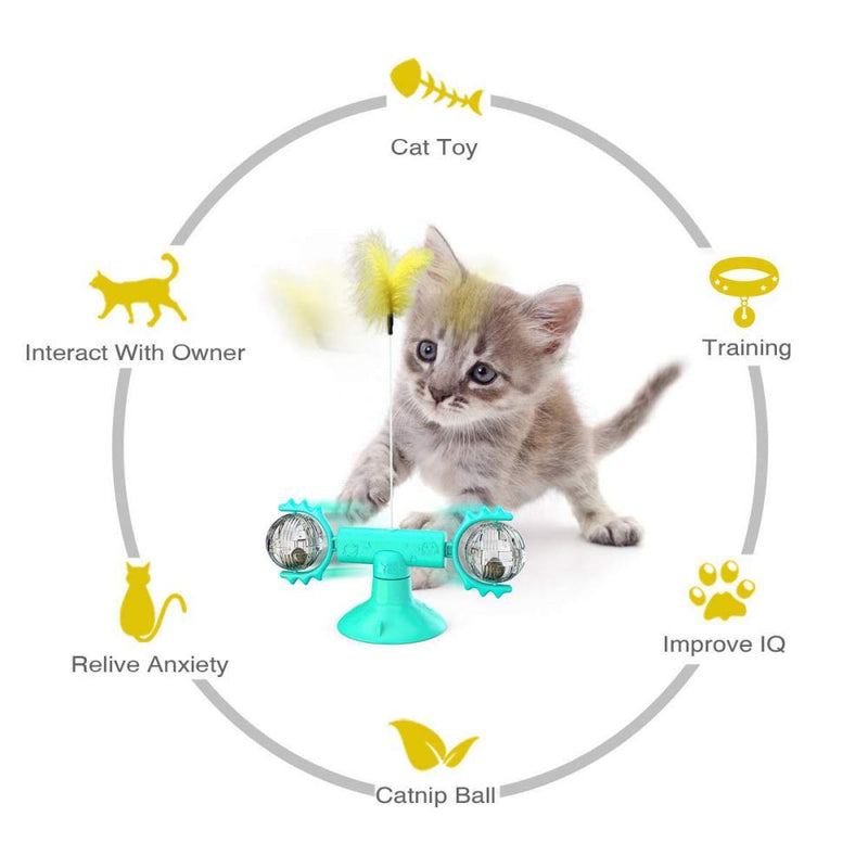 Rotating Windmill Cat Toy , Cat Toys Interactive with Suction Cup Turntable Teasing with Feathers and Catnips Ball - Blue - PawsPlanet Australia