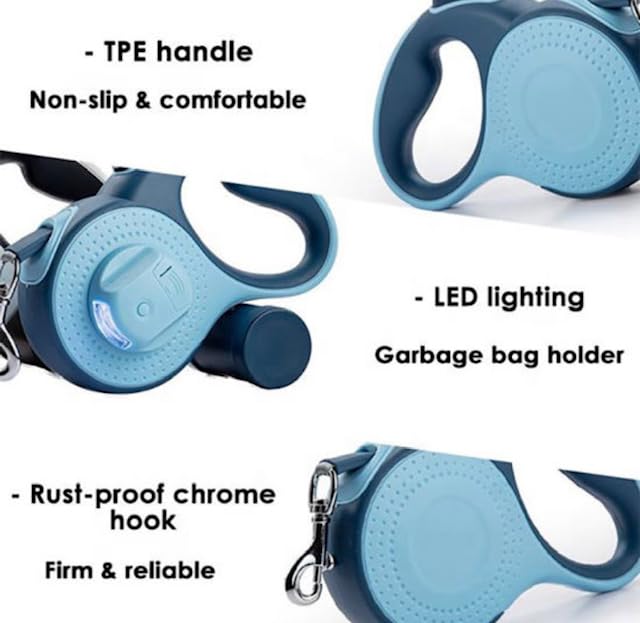 Retractable Dog Leash 26 ft Long with Poop Bag Dispenser & Light - PawsPlanet Australia