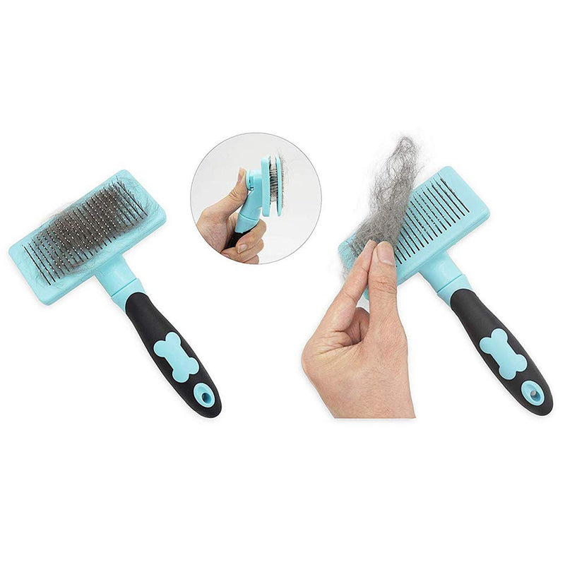 [Australia] - HATELI Pet Self Cleaning Slicker Brush for Cat & Dog Grooming Brushes for Shedding，Automatic Deshedding Tool for Shedding Long and Short Fur Blue 