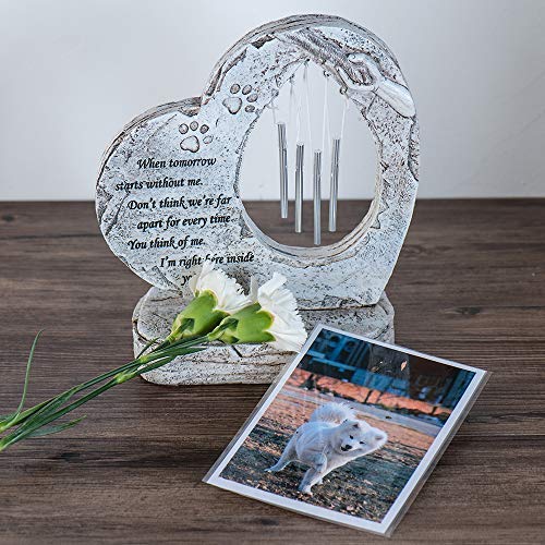 Meiyaa Heart Shaped Pet Memorial Stone, Personalized Hand-printed Dog Plaque Stone with Wind Chimes & Sympathy Poem for Dog or Cat, Pet Loss of Gifts (A) A - PawsPlanet Australia