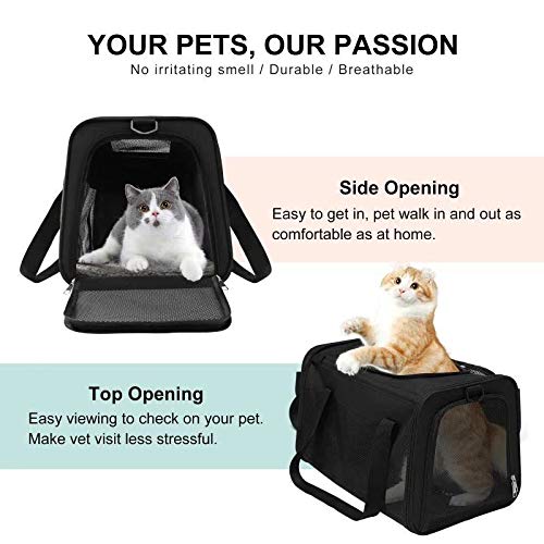 WDM Airline Approved Cat Carrier, Soft Sided Collapsible Puppy Carrier with Locking Safety Zippers, Removable Fleece Pad and Pockets for Small Dogs Puppies Large Cat Medium Black - PawsPlanet Australia