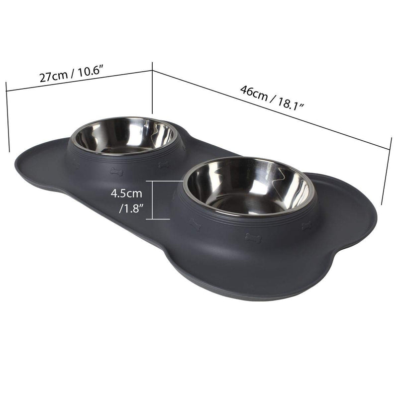 iGadgitz Home U7021 - Silicon Double Pet Bowl Mat and 2 x Stainless Steel Pet Bowls - Non Slip/Anti- Spill Pet Food Bowl Mat, Twin Pet Food Tray - Small/Medium Sized Pets - Grey - One Size - PawsPlanet Australia