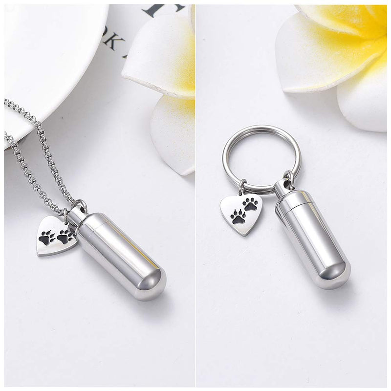 [Australia] - Hearbeingt Cremation Jewelry Necklaces for Ashes for Pet Dog and Cat, Cylinder Memorial Pendant Made of 316L Stainless Steel with Heart Pet Paw Print. Silvery 