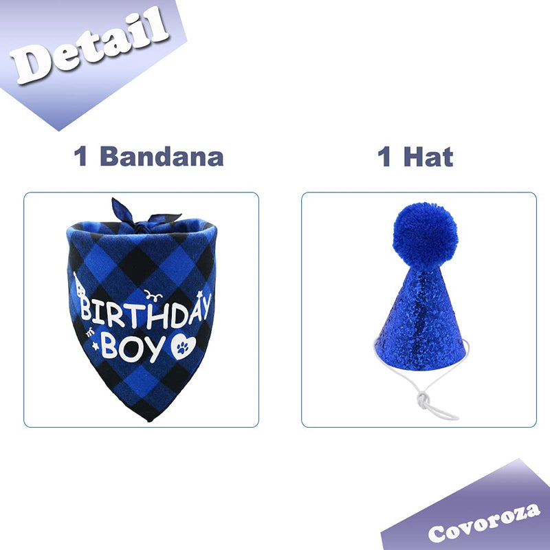 Dog Birthday Boy Bandana and Hat Set “Birthday Boy” Print Plaid Dogs Party Supplies Triangle Scarf Bibs for Small Medium Large Pets Blue - PawsPlanet Australia