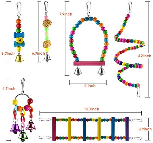 123 Life Bird Parrot Toys Pet Bird Toys Wooden Hanging Stand Ladder Bird Swing Chewing Toys Hanging Bell Pet Bird Cage Hammock Swing Toy Parakeets Cockatiels Conures Macaws Love Birds Finches 6PCS - PawsPlanet Australia