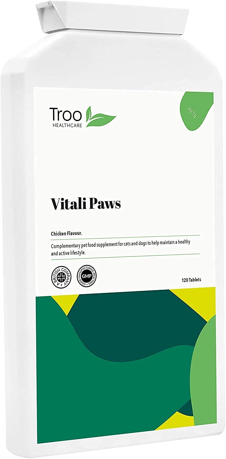 Troo Health Care Vitali-Paws Dog Joint Support Supplement for Pets - 120 Tablets | Chondroitin, MSM, Green Lipped Mussel, Glucosamine for Dogs and Cats | Yummy Chicken Flavour - UK Manufactured - PawsPlanet Australia