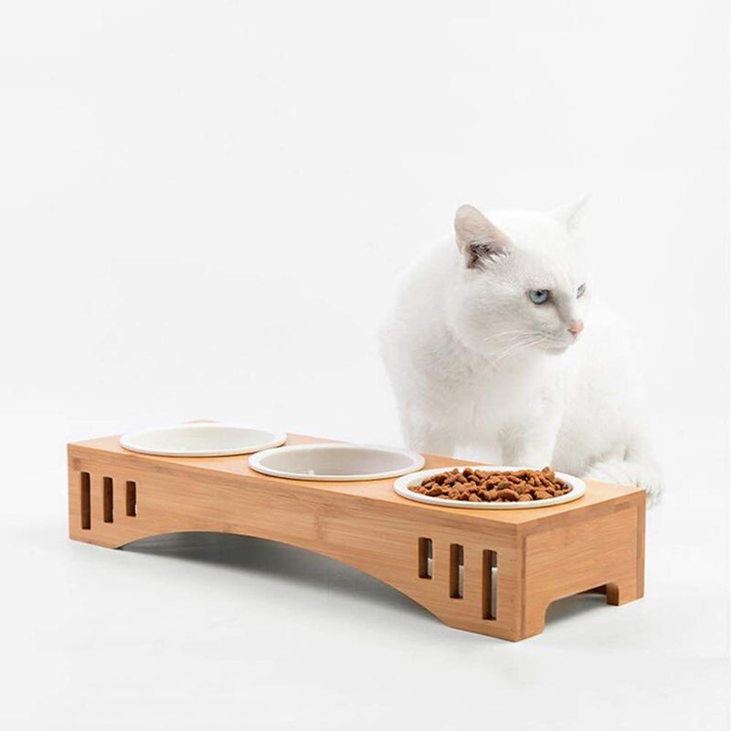 POPETPOP Solid Wood Pet Dining Table Bowl Pet Wooden Tilted Feeders Dog cat Anti-slip Three Bowl Cat Dish with Slope Stand(Heighten,Three Bowls) - PawsPlanet Australia